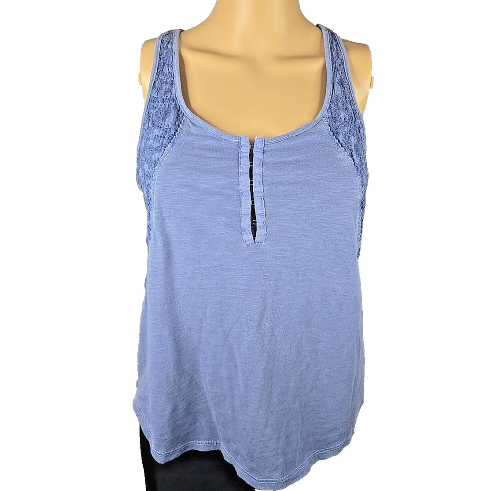 American Eagle Women's Blue Racerback Tank Top Embroidered 1/4 Button Size Small